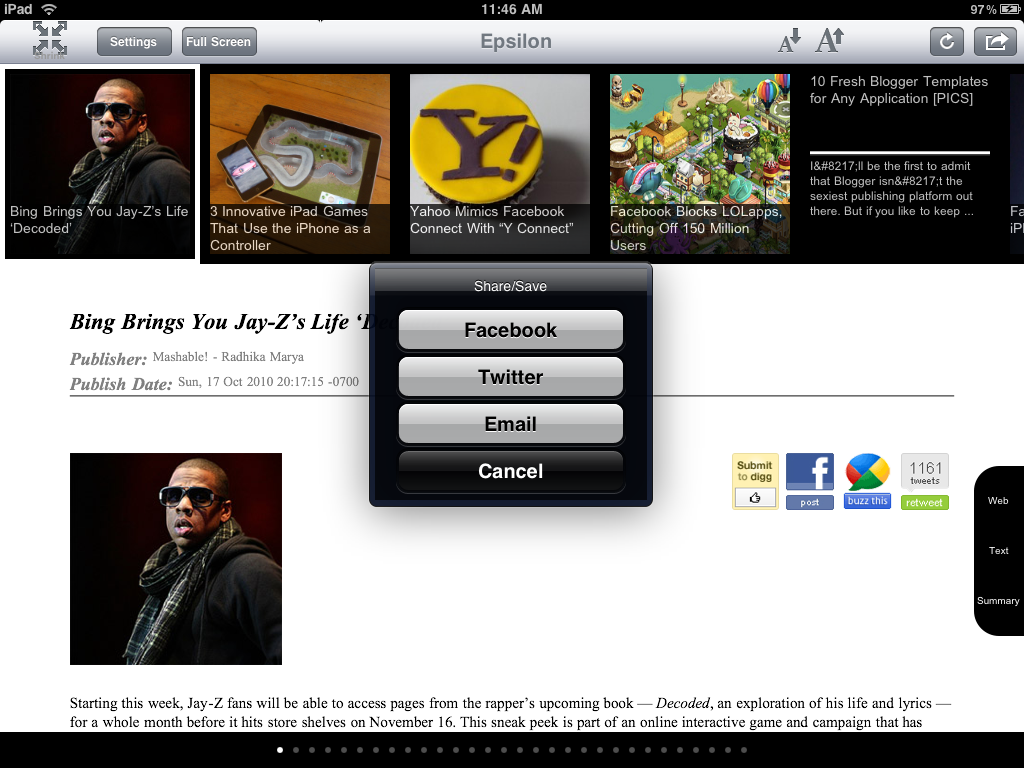 Reading in landscape, and sharing on Facebook and Twitter